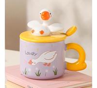 Bicchiere da 14 Once di Grande Capacità, Tazza da Caffè a Forma di Anatra, Tazza da Viaggio in Ceramica Resistente al Calore, Tazza da tè con Coperchio e Cucchiaio, la Felicità(Yellow)