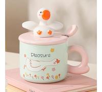 Bicchiere da 14 Once di Grande Capacità, Tazza da Caffè a Forma di Anatra, Tazza da Viaggio in Ceramica Resistente al Calore, Tazza da tè con Coperchio e Cucchiaio, la Felicità(Pink)