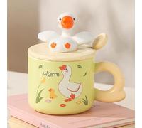 Bicchiere da 14 Once di Grande Capacità, Tazza da Caffè a Forma di Anatra, Tazza da Viaggio in Ceramica Resistente al Calore, Tazza da tè con Coperchio e Cucchiaio, la Felicità(Beige)