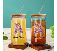 Bicchiere da 16 once personalizzato con nome, 26 motivi di lettere floreali stampati con coperchio e cannuccia, tazza per l'acqua multiuso, regalo perfetto per la festa della mamma, la festa del papà