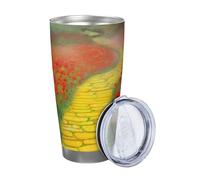 Bicchiere da 20 once con campo di papaveri e strada di mattoni gialli, tazza da caffè da viaggio isolata in acciaio inossidabile a doppia parete per bevande calde e fredde, tazza riutilizzabile per