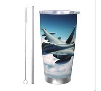 Bicchiere da 20 once con coperchi e cannucce, tazza da viaggio con aerei da combattimento, bicchiere da caffè a doppia parete in acciaio inossidabile isolato per bevande calde e fredde, tazza riutil
