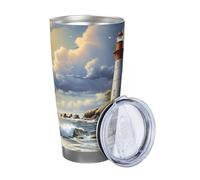 Bicchiere da 20 once Sea Lighthouse Sandbeach Tazza da caffè da viaggio in acciaio inossidabile isolato a doppia parete per bevande calde e fredde Tazza riutilizzabile per bevande Tazza da tè freddo