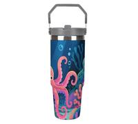 Bicchiere da 30 once con cannuccia e manico - Tazza da viaggio isolata in acciaio inossidabile con motivo "Octopus on The Seabed" - Tazza sottovuoto a prova di perdite per caffè e acqua, regali di c