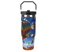 Bicchiere da 30 once con manico e coperchio per sorseggiare, tazza da viaggio in acciaio inossidabile, tazza da auto isolata a forma di mongolfiera colorata per esterni