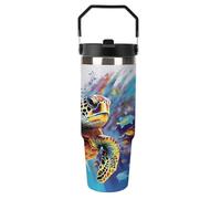 Bicchiere da 30 once con manico e coperchio per sorseggiare, tazza da viaggio in acciaio inossidabile con tartaruga marina colorata, tazza isolata per auto, per esterni