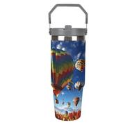 Bicchiere da 30 once con manico e coperchio per sorseggiare, tazza da viaggio in acciaio inossidabile, tazza da auto isolata a forma di mongolfiera colorata per esterni