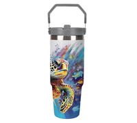 Bicchiere da 30 once con manico e coperchio per sorseggiare, tazza da viaggio in acciaio inossidabile con tartaruga marina colorata, tazza isolata per auto, per esterni