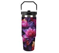 Bicchiere da 30 once con manico e coperchio per sorseggiare, tazza da viaggio in acciaio inossidabile con fiori, foglie, fiori viola e rossi, tazza isolata per auto, per esterni