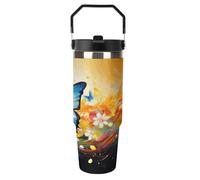 Bicchiere da 30 once con manico e coperchio per sorseggiare, tazza da viaggio in acciaio inossidabile, colorata con farfalla, tazza isolata per auto, per esterni