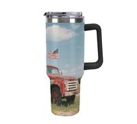 Bicchiere da 40 once con manico e cannuccia - Camion rosso patriottico del 4 luglio - 1 tazza da viaggio isolata in acciaio inossidabile, tazza termica a doppia parete a prova di perdite, compatibil