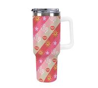 Bicchiere da 40 once con manico e cannuccia, grande bicchiere in acciaio inossidabile con isolamento sottovuoto, tazza da caffè freddo, bottiglia d'acqua da viaggio, motivo a strisce, amore, labbra,
