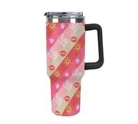 Bicchiere da 40 once con manico e cannuccia, grande bicchiere in acciaio inossidabile con isolamento sottovuoto, tazza da caffè freddo, bottiglia d'acqua da viaggio, motivo a strisce, amore, labbra,