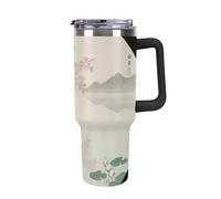 Bicchiere da 40 once con manico e cannuccia - Tazza da viaggio in acciaio inossidabile con isolamento termico a doppia parete con motivo floreale giapponese di ciliegio, tazza termica a prova di per