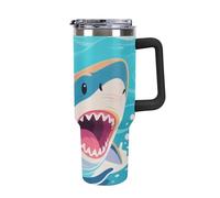 Bicchiere da 40 once con manico e cannuccia - Tazza da viaggio in acciaio inossidabile con isolamento Shark, tazza termica a doppia parete sottovuoto a prova di perdite, compatibile con il portabicc