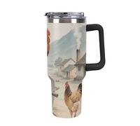 Bicchiere da 40 once con manico e cannuccia - tazza da viaggio isolata in acciaio inossidabile a forma di gallo, tazza termica a doppia parete sottovuoto a prova di perdite, compatibile con il porta