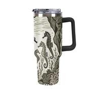 Bicchiere da 40 once con manico e cannuccia - Tazza da viaggio isolata in acciaio inossidabile con cavallucci marini nella grotta del fondale marino, tazza termica a doppia parete sottovuoto a prova