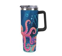 Bicchiere da 40 once con manico e cannuccia - Tazza da viaggio isolata in acciaio inossidabile con motivo "Octopus on The Seabed", tazza termica a doppia parete sottovuoto a prova di perdite, compat