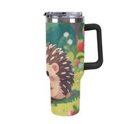 Bicchiere da 40 once con manico e cannuccia - Tazza da viaggio isolata in acciaio inossidabile con motivo riccio che mangia fragole, tazza termica a doppia parete a prova di perdite, compatibile con