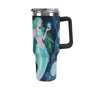 Bicchiere da 40 once con manico e cannuccia - Tazza da viaggio isolata in acciaio inossidabile con scritta "Sirena nella grotta misteriosa", tazza termica a doppia parete sottovuoto a prova di perdi