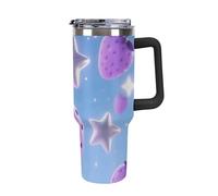 Bicchiere da 40 once con manico e cannuccia - Tazza da viaggio isolata in acciaio inossidabile con stelle e fragole viola, tazza termica a doppia parete sottovuoto a prova di perdite, compatibile co