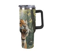 Bicchiere da 40 once con manico e cannuccia - Tazza da viaggio isolata in acciaio inossidabile con tigre siberiana nella foresta, tazza termica a doppia parete sottovuoto a prova di perdite, compati