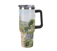 Bicchiere da 40 once con manico e cannuccia - Tazza da viaggio isolata in acciaio inossidabile Corgi Floral Spring Garden, tazza termica a doppia parete sottovuoto a prova di perdite, compatibile co