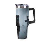 Bicchiere da 40 once con manico e cannuccia - Tazza da viaggio isolata in acciaio inossidabile Panther, tazza termica a doppia parete sottovuoto a prova di perdite, compatibile con il portabicchieri