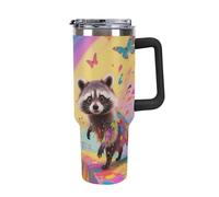 Bicchiere da 40 once con manico e cannuccia - Tazza da viaggio isolata in acciaio inossidabile Rainbow Bridge Raccoon, tazza termica a doppia parete sottovuoto a prova di perdite, compatibile con il