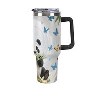 Bicchiere da 40 once con manico e cannuccia - Tazza da viaggio isolata in acciaio inossidabile White Cave Panda, tazza termica a doppia parete sottovuoto a prova di perdite, compatibile con il porta