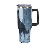 Bicchiere da 40 once con manico e cannuccia - Tazza da viaggio isolata in acciaio inossidabile Wolf in The Snow, tazza termica a doppia parete sottovuoto a prova di perdite, compatibile con il porta