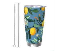 Bicchiere da 590 ml con coperchio con stampa di fiori e limoni luminosi Bicchiere isolato in acciaio inossidabile Coppe isolate sottovuoto Tazza da caffè ghiaccio a doppia parete tazza da viaggio per