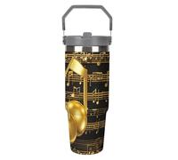 Bicchiere da 880 ml con cannuccia a forma di nota musicale dorata con stella luccicante, tazza da viaggio isolata in acciaio inox con manico, a doppia parete, coperchio a prova di perdite, mantiene le