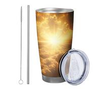 Bicchiere da alba con coperchio e cannuccia, paesaggio nuvoloso naturale, bellissimo design moderno, design cielo, colore arancione grigio, in metallo, riutilizzabile, senza fuoriuscita, infrangibile