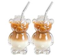 Bicchiere da caffè a forma di orsacchiotto, grazioso barattolo di vetro con cannuccia, 350 ml, per caffè, birra, vino, cocktail, bevande, bicchieri, unici a forma di orso (2 pezzi)