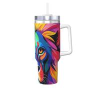 Bicchiere da caffè colorato con leone da 1,18 l, con manico e cannuccia, isolato sottovuoto, in acciaio inox, a doppia parete, elegante da viaggio, per donne e uomini