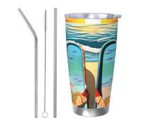 Bicchiere da caffè con infradito e scena tropicale della spiaggia da 590 ml, in acciaio inox, isolamento sottovuoto, con coperchio e cannuccia, tazza da viaggio a doppia parete per caldo/freddo, tazza