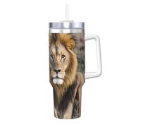 Bicchiere da caffè con leone africano e leonessa, con manico e cannuccia, isolamento sottovuoto, in acciaio inox, a doppia parete, elegante da viaggio, con supporto per tazza da caffè, base amichevole