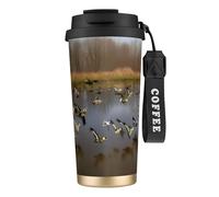 Bicchiere da caffè in acciaio inox con stampa di anatre selvatiche che volano, coperchio a doppio uso con cannuccia, elegante tazza da viaggio per casa e ufficio