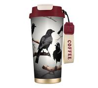 Bicchiere da caffè in acciaio inox con stampa di uccelli corvi neri su un ramo, coperchio a doppio uso con cannuccia, elegante tazza da viaggio per casa e ufficio
