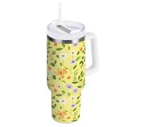 Bicchiere da caffè in acciaio inox giallo con fiori colorati, bottiglia d'acqua isolata con cannuccia, bicchiere da uomo