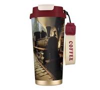 Bicchiere da caffè isolato personalizzato unico - Tazza da viaggio in acciaio inox da 500 ml, perfetta per bevande calde e fredde. Il treno sta correndo in una taverna medievale rosso