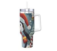 Bicchiere da caffè natalizio divertente pinguino da 1,18 l, con manico e cannuccia, isolato sottovuoto, in acciaio inox, a doppia parete, elegante da viaggio, con supporto per tazza da caffè, base