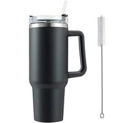 Bicchiere da viaggio in acciaio inossidabile con cannuccia, tazza isolata Stanley Mug, Tazza da caffè, 40oz, 1200ml, con manico e spazzola per la pulizia (Nero)
