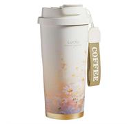 Bicchiere da viaggio in acciaio inox con motivo floreale dipinto a olio da 500 ml, rivestimento in ceramica, con scarico del tè, isola calore e freddo, a prova di perdite, comodamente posizionato nel