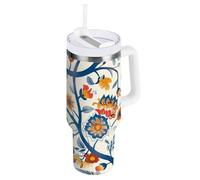 Bicchiere da viaggio in stile vintage floreale da 1,18 l, con coperchio con cannuccia, riutilizzabile, tazza da viaggio per caffè, per casa, ufficio o auto