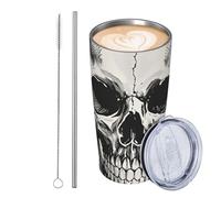 Bicchiere da viaggio isolato in acciaio inox con motivo teschio nero su sfondo bianco, da 590 ml, a prova di perdite, con coperchio e cannuccia, idea regalo per donne, uomini e amanti