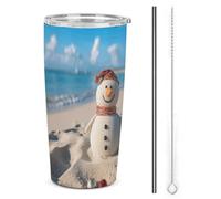 Bicchiere da viaggio isolato in acciaio inox con stampa di pupazzo di neve sulla spiaggia, con coperchio e cannuccia, riutilizzabile