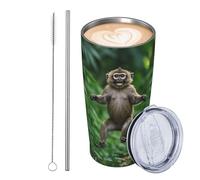 Bicchiere da viaggio isolato in acciaio inox da 590 ml, a prova di perdite, tazza da caffè da viaggio con coperchio e cannuccia, piccola scimmia che gioca felicemente nella giungla, bicchieri da bere