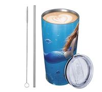 Bicchiere da viaggio isolato in acciaio inox da 590 ml, a prova di perdite, tazza da caffè da viaggio con coperchio e cannuccia, belle sirene sul fondo del mare, bicchieri da bere regali per donne